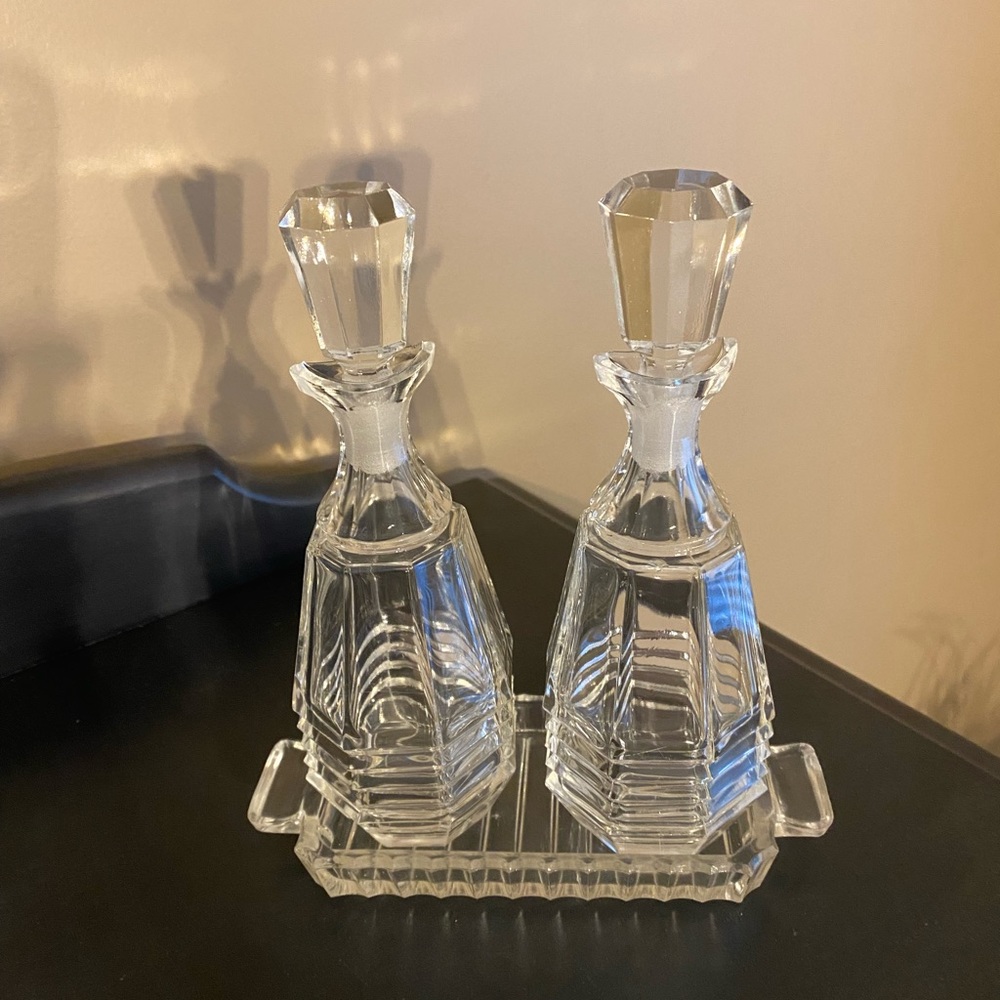 Vintage Checo-Slovaquie Cut Clear Class Prefune Bottles with Tray